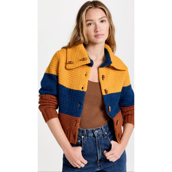 RE/DONE 70s Sweater Jacket in Mustard Multi Wool Stripes Size Small Retail $525 - Picture 1 of 7